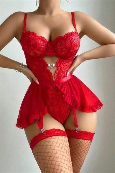 Bella Notte Kırmızı Etekli Fantezi Babydoll Gecelik ED-16561
