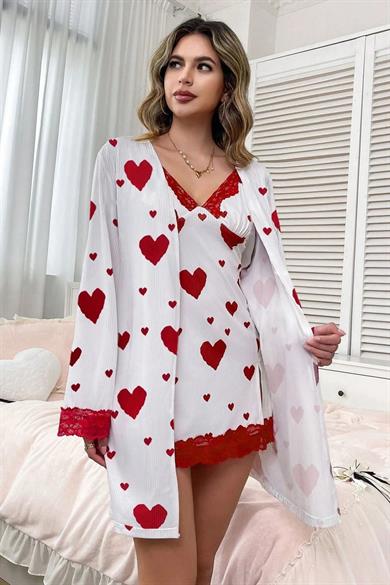 Bella Notte Kırmızı Kalpli Dantel Detaylı Sabahlıklı Gecelik Takım 15979