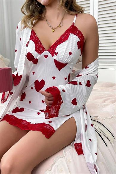 Bella Notte Kırmızı Kalpli Dantel Detaylı Sabahlıklı Gecelik Takım 15979