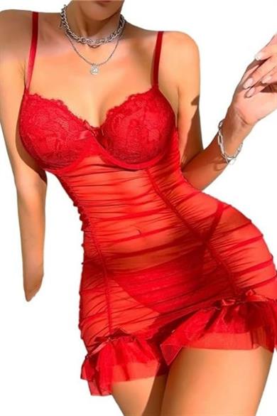Bella Notte Red Lycra Transparent Tulle Nightgown 15556