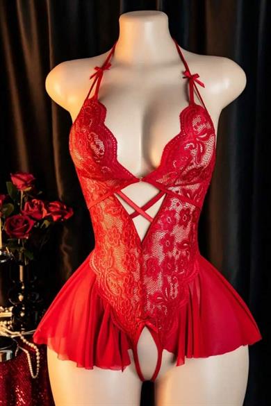 Bella Notte Kırmızı Özel Bölgesi Açık Fantezi Babydoll 15129