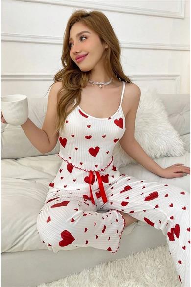 Bella Notte Kırmızı Pamuklu Kalp Baskılı İp Askılı Pijama Takımı 7173