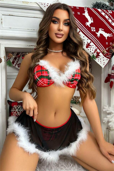 Bella Notte Red Black Feather Detailed Christmas Design Nightgown 16057