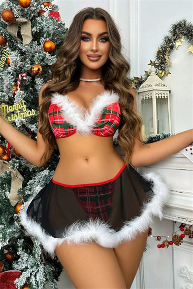 Bella Notte Red Black Feather Detailed Christmas Design Nightgown 16057