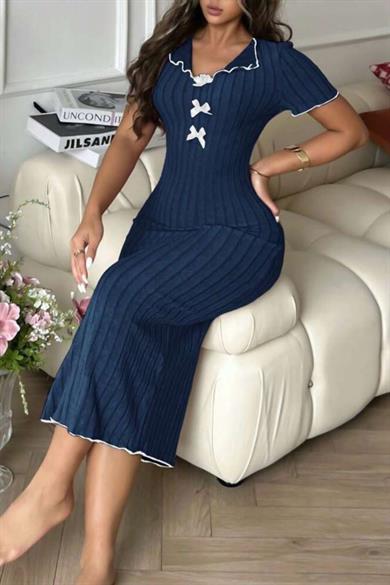 Bella Notte Lacivert Fiyonk Detaylı Kısa Kollu Pamuklu Şık Elbise E-5539