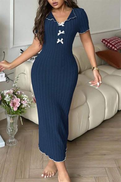 Bella Notte Lacivert Fiyonk Detaylı Kısa Kollu Pamuklu Şık Elbise E-5539