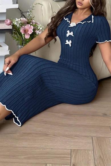 Bella Notte Lacivert Fiyonk Detaylı Kısa Kollu Pamuklu Şık Elbise E-5539