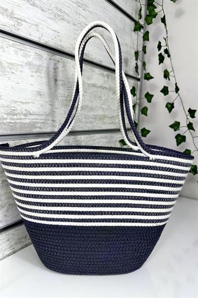 Bella Notte Navy Blue Striped Handmade Casual/Beach Bag 8010