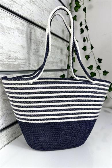Bella Notte Navy Blue Striped Handmade Casual/Beach Bag 8010