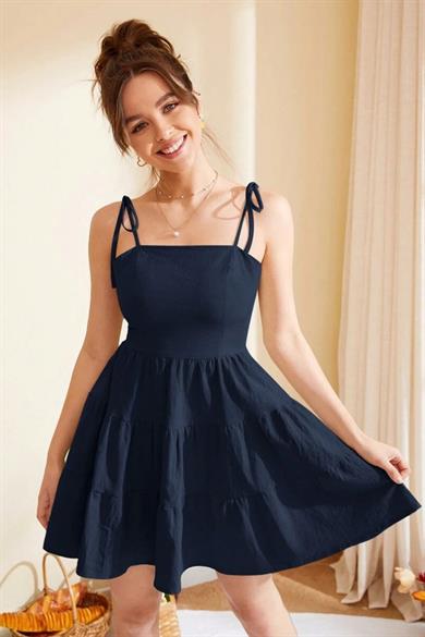 Bella Notte Lacivert Kare Yaka Askılı Mini Elbise E-5527