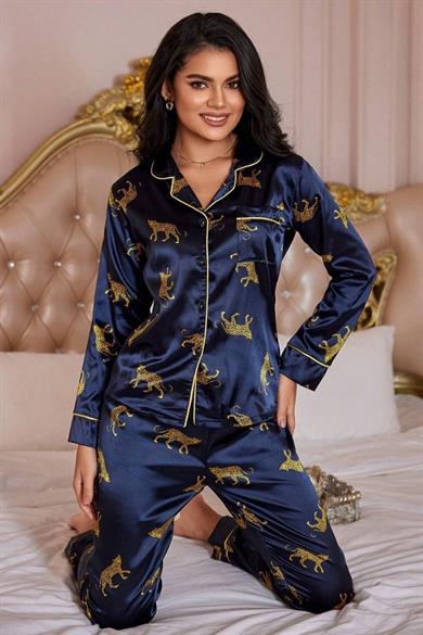 Bella Notte Lacivert Leopar Figürlü Saten Pijama Takımı 7073