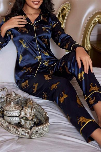 Bella Notte Lacivert Leopar Figürlü Saten Pijama Takımı 7073