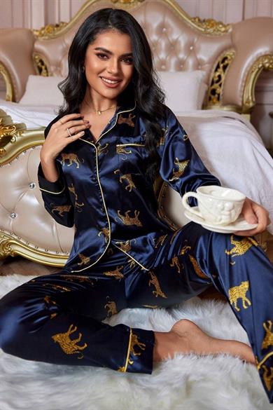 Bella Notte Lacivert Leopar Figürlü Saten Pijama Takımı 7073