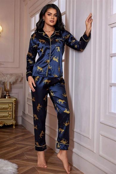 Bella Notte Lacivert Leopar Figürlü Saten Pijama Takımı 7073