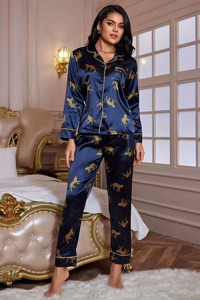 Bella Notte Lacivert Leopar Figürlü Saten Pijama Takımı 7073