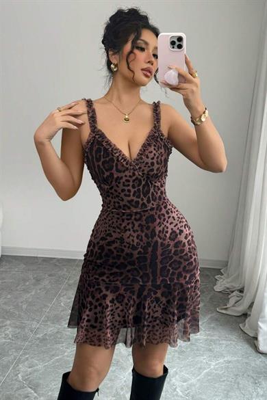 Bella Notte Leopar Kalın Askı V Yaka Mini Gecelik 15945