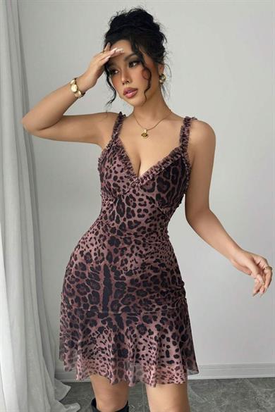 Bella Notte Leopar Kalın Askı V Yaka Mini Gecelik 15945