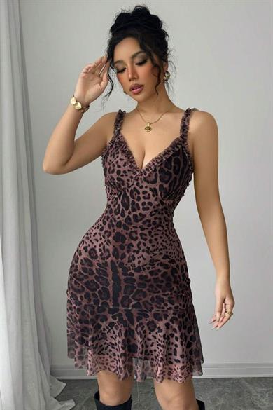 Bella Notte Leopar Kalın Askı V Yaka Mini Gecelik 15945