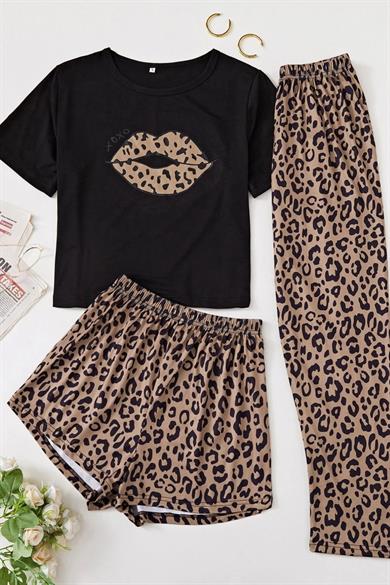 Bella Notte Leopar Pamuklu 3lü Pijama Takımı 7715