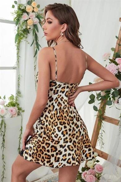 Bella Notte Leopard Patterned Slit Detailed Mini Dress Nightgown 15527