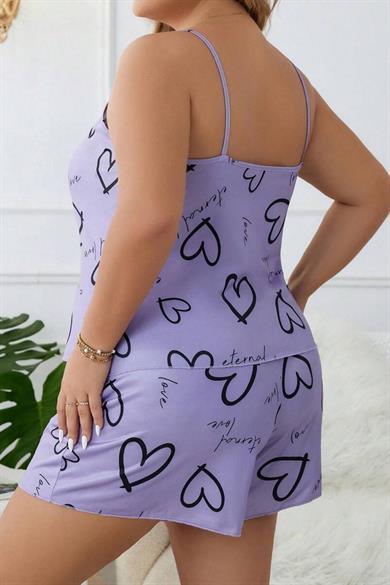 Bella Notte Lilac Plus Size Hearts Patterned Shorts Set  7543