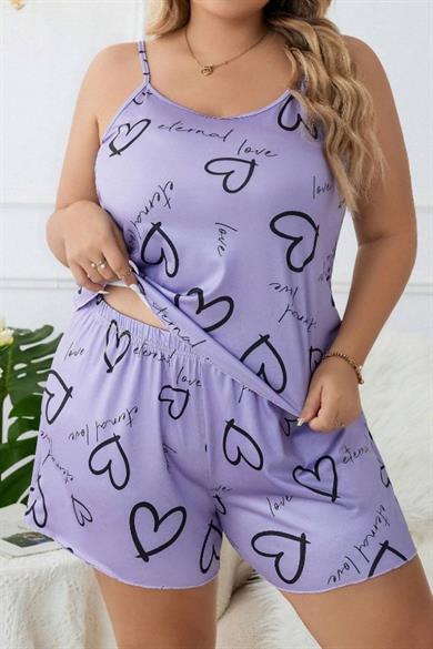 Bella Notte Lilac Plus Size Hearts Patterned Shorts Set  7543