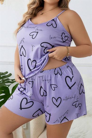 Bella Notte Lilac Plus Size Hearts Patterned Shorts Set  7543