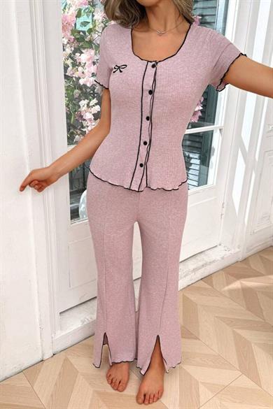 Bella Notte Lila Pamuklu Düğmeli Pijama Takımı 7387