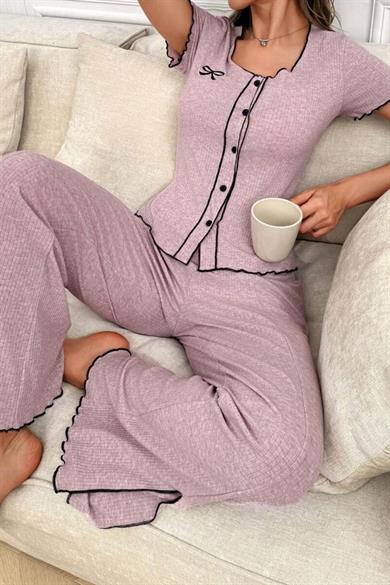 Bella Notte Lila Pamuklu Düğmeli Pijama Takımı 7387