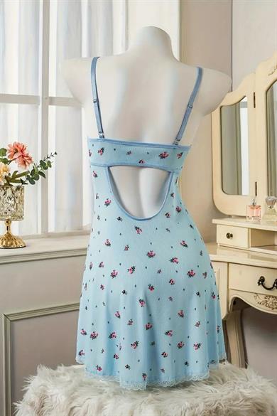 Bella Notte Mavi Çiçek Baskılı Dantel Detaylı Gecelik 31511