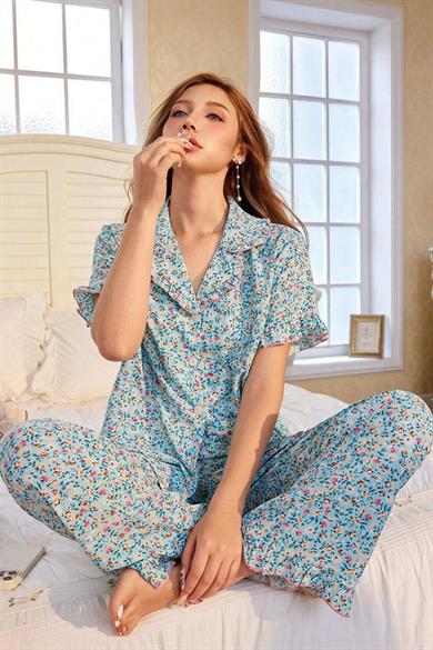 Bella Notte Mavi Çiçek Desenli V Yaka Düğmeli Pijama Takımı 7327