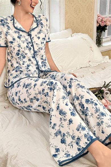 Bella Notte Mavi Çiçekli Düğme Detaylı Yazlık Pijama Takımı 7347