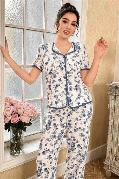 Bella Notte Mavi Çiçekli Düğme Detaylı Yazlık Pijama Takımı 7347