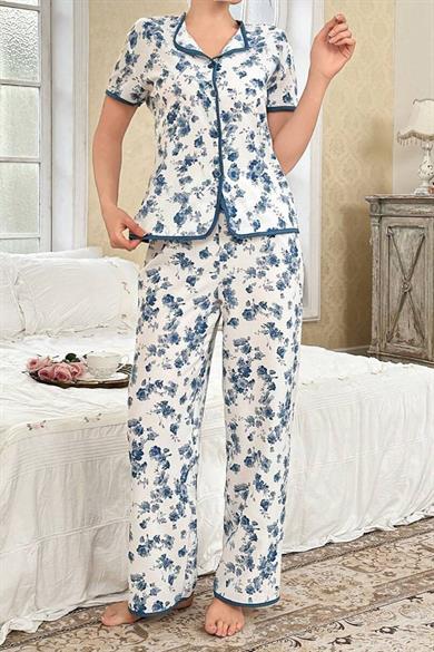 Bella Notte Mavi Çiçekli Düğme Detaylı Yazlık Pijama Takımı 7347
