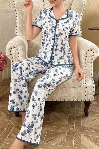 Bella Notte Mavi Çiçekli Düğme Detaylı Yazlık Pijama Takımı 7347