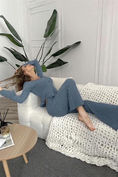 Bella Notte Mavi Düğmeli Uzun Pijama Takım 7113