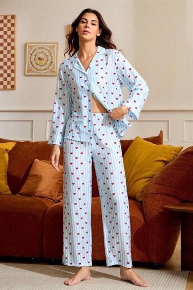 Bella Notte Mavi Minimal Kalp Baskılı Pijama Takımı 77005