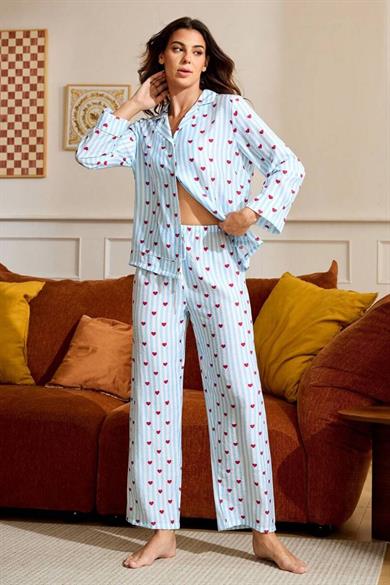 Bella Notte Mavi Minimal Kalp Baskılı Pijama Takımı 77005