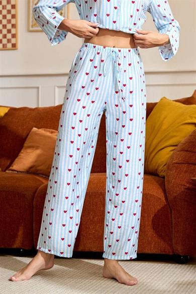 Bella Notte Mavi Minimal Kalp Baskılı Pijama Takımı 77005
