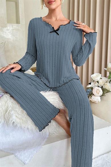 Bella Notte Mavi Uzun Kollu Pamuklu Pijama Takımı 7111