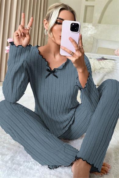 Bella Notte Mavi Uzun Kollu Pamuklu Pijama Takımı 7111