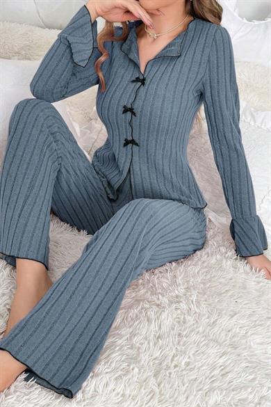 Bella Notte Mavi Uzun Kollu Pamuklu Pijama Takımı 7095