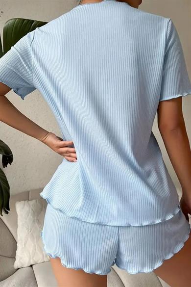 Bella Notte Mavi V Yaka Pamuklu Fiyonk Detaylı Pijama Takımı 7711