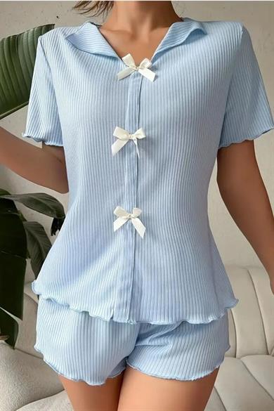 Bella Notte Mavi V Yaka Pamuklu Fiyonk Detaylı Pijama Takımı 7711