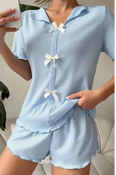 Bella Notte Mavi V Yaka Pamuklu Fiyonk Detaylı Pijama Takımı 7711