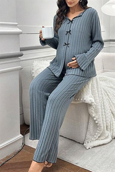 Bella Notte Mavi Yumuşak Kumaşlı Hamile Pijama Takım 7119