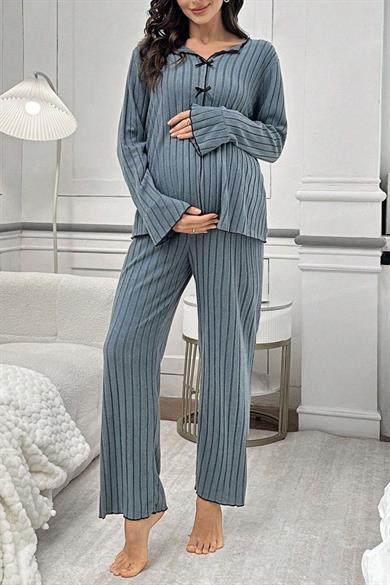 Bella Notte Mavi Yumuşak Kumaşlı Hamile Pijama Takım 7119