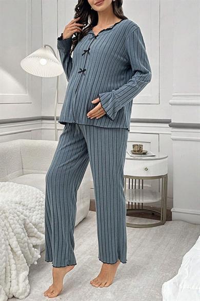 Bella Notte Mavi Yumuşak Kumaşlı Hamile Pijama Takım 7119