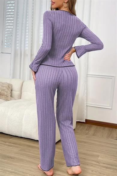 Bella Notte Mor Pamuklu Uzun Kollu Fiyonk Detaylı Hoş Pijama Takımı 77123
