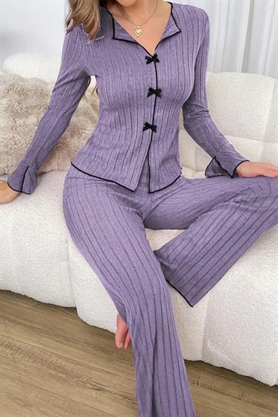 Bella Notte Mor Pamuklu Uzun Kollu Fiyonk Detaylı Hoş Pijama Takımı 77123
